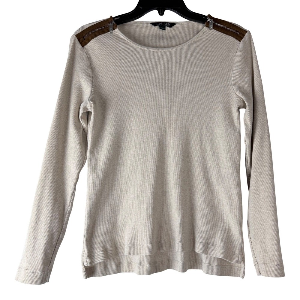 Lauren Ralph Lauren Women's Beige Ribbed Knit Shirt Neutral Zipper‎ Patch Large
